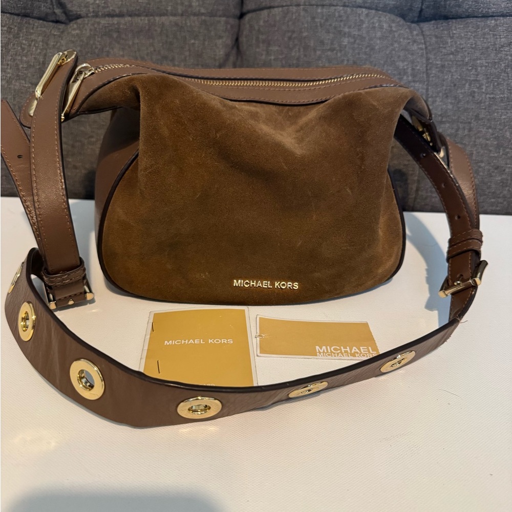 Michael Kors Brown Suede Shoulder Bag with Gold Accents